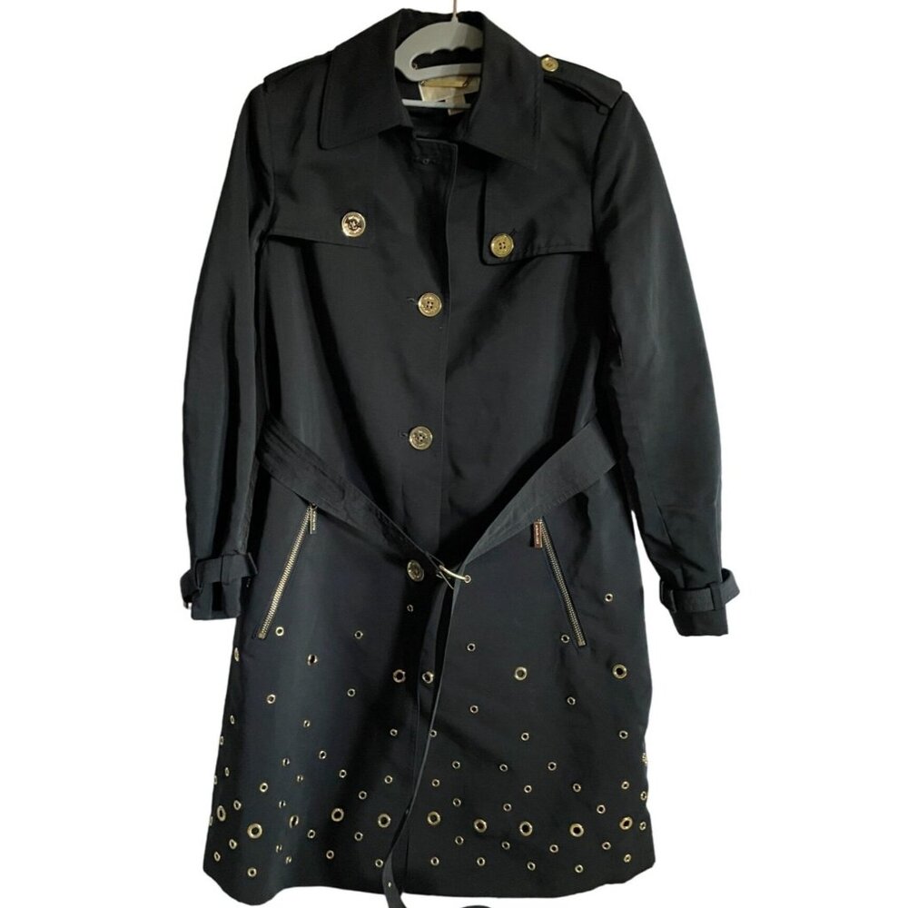 Michael Kors S Womens Black Trench Coat With Gold‎ Grommets and belted